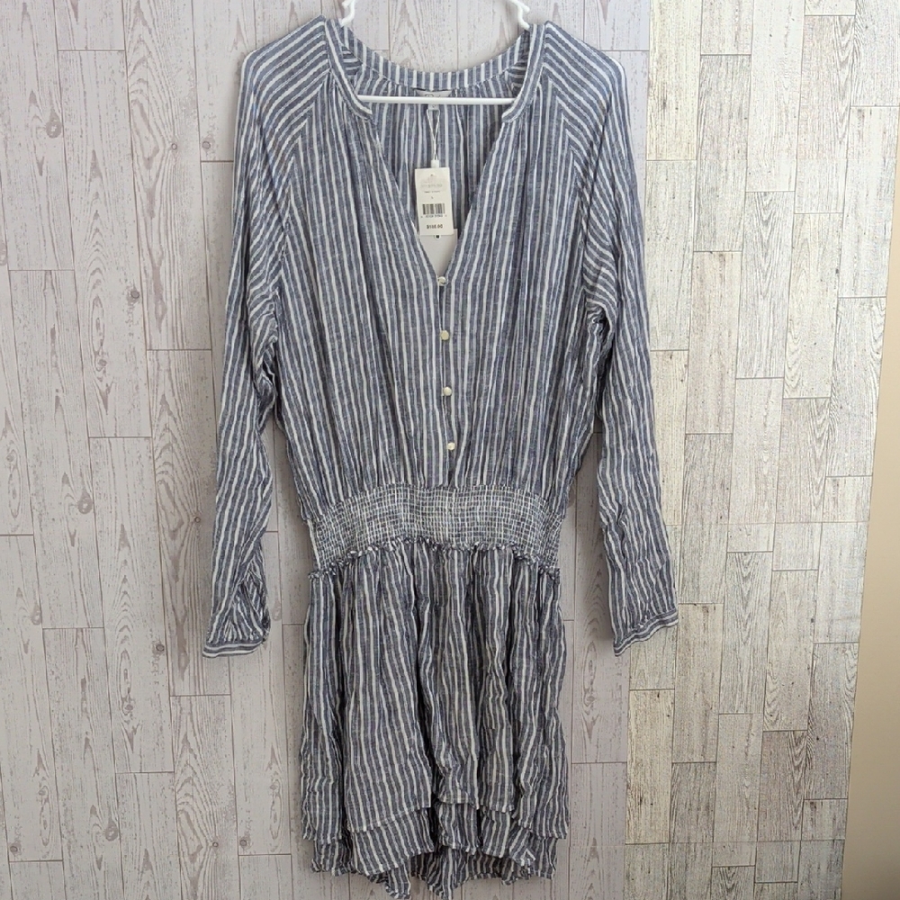 Rails Striped Smocked-Waist Long Sleeve Dress - Blue/White